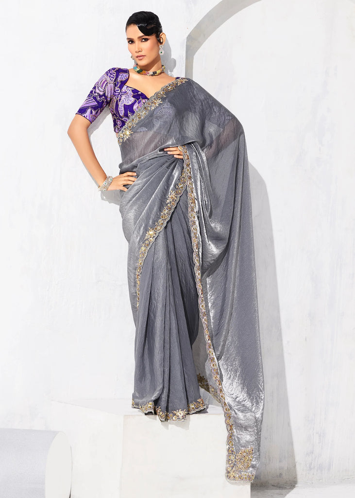 Silver Grey Embroidered Designer Silk Saree