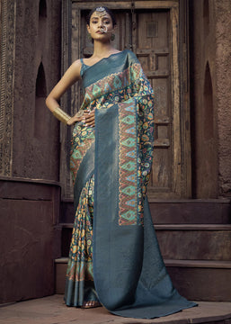 Coral Blue Floral Printed Soft Silk Saree