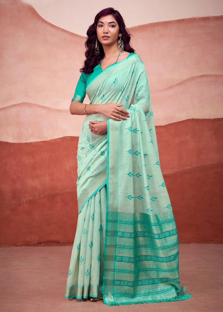 Aqua Green Woven Cotton Silk Saree