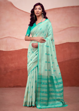 Aqua Green Woven Cotton Silk Saree