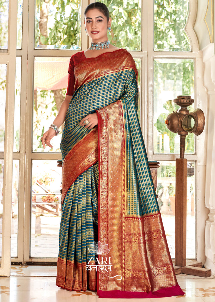 Ananda : Silver and Gold Zari Striped Kanjivaram Saree in the Shades of Green and Red (9944227741889)