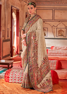 Beige And Black Printed Kashmiri Jamewar Saree
