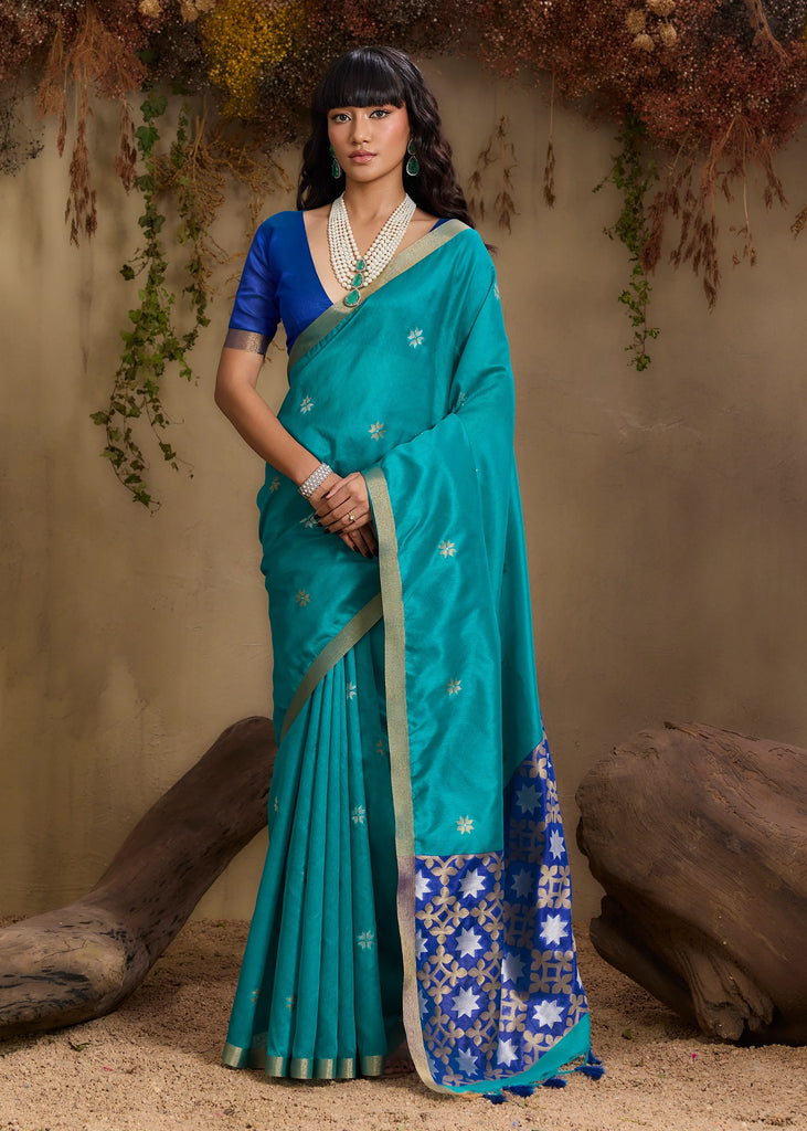 Peacock Blue Woven Cotton Silk Saree