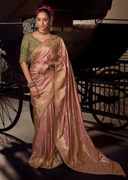 “Exclusive Offer” : Polignac Pink Woven Banarasi Satin Silk Saree
