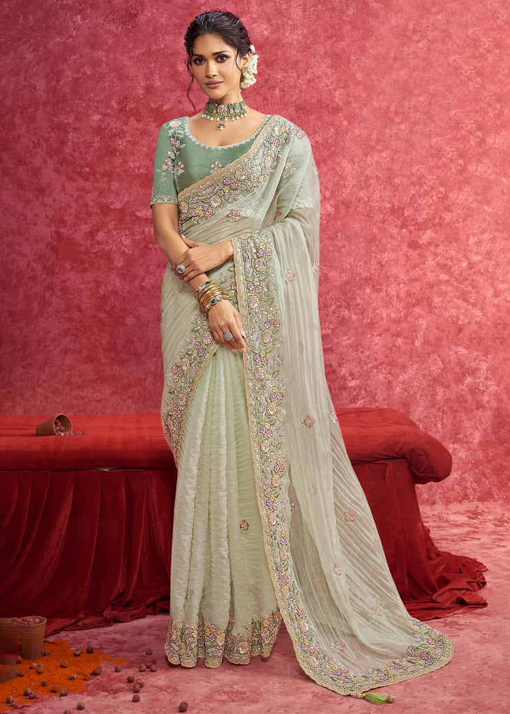 Pista Green Embroidered Designer Saree