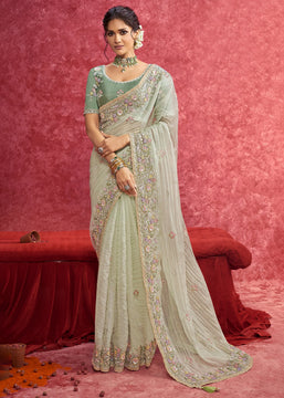 Pista Green Embroidered Designer Saree