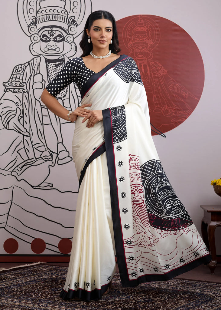 Black and White Printed Satin Silk Saree