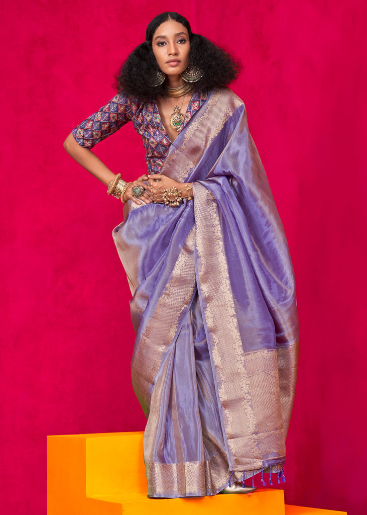 Impression Purple Woven Banarasi Tissue Silk Saree With Contrast Blouse