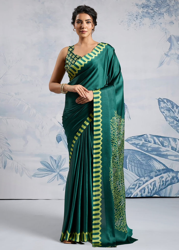 Cadmium Green Satin Silk Saree with Ajrakh Printed Pallu and Blouse