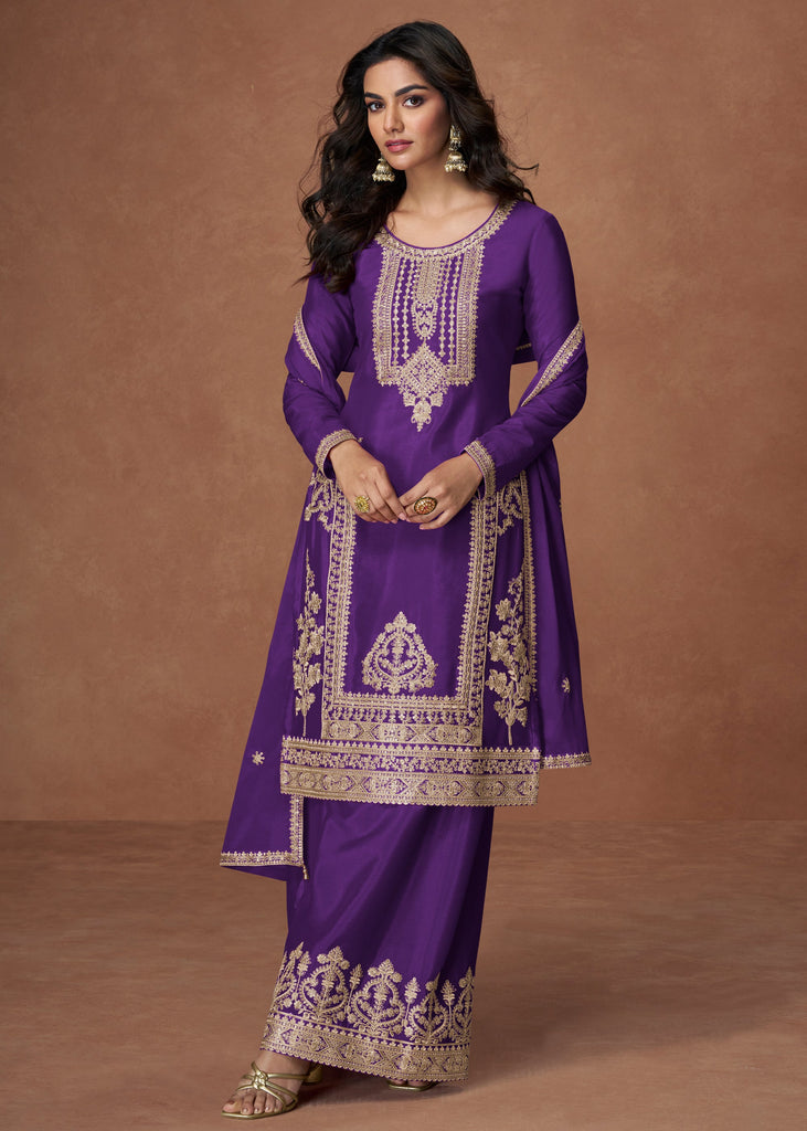 Dark Purple Heavy Embroidered Sharara Set