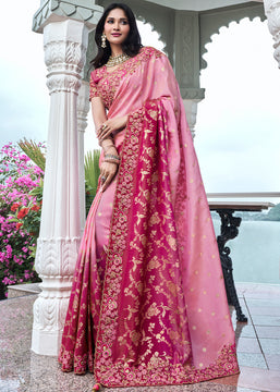 Barbie Pink Heavy Embroidered Designer Silk Saree (10580180435137)