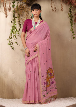 Dusky Pink Woven Cotton Silk Saree