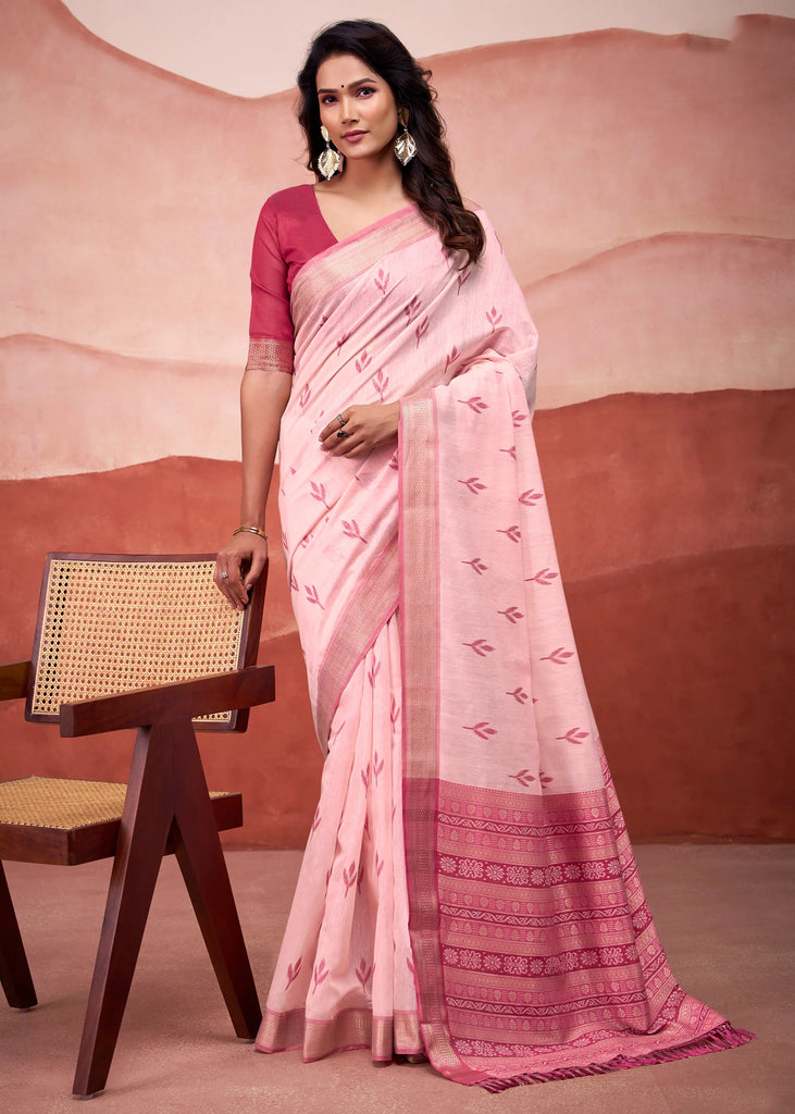Baby Pink Woven Cotton Silk Saree