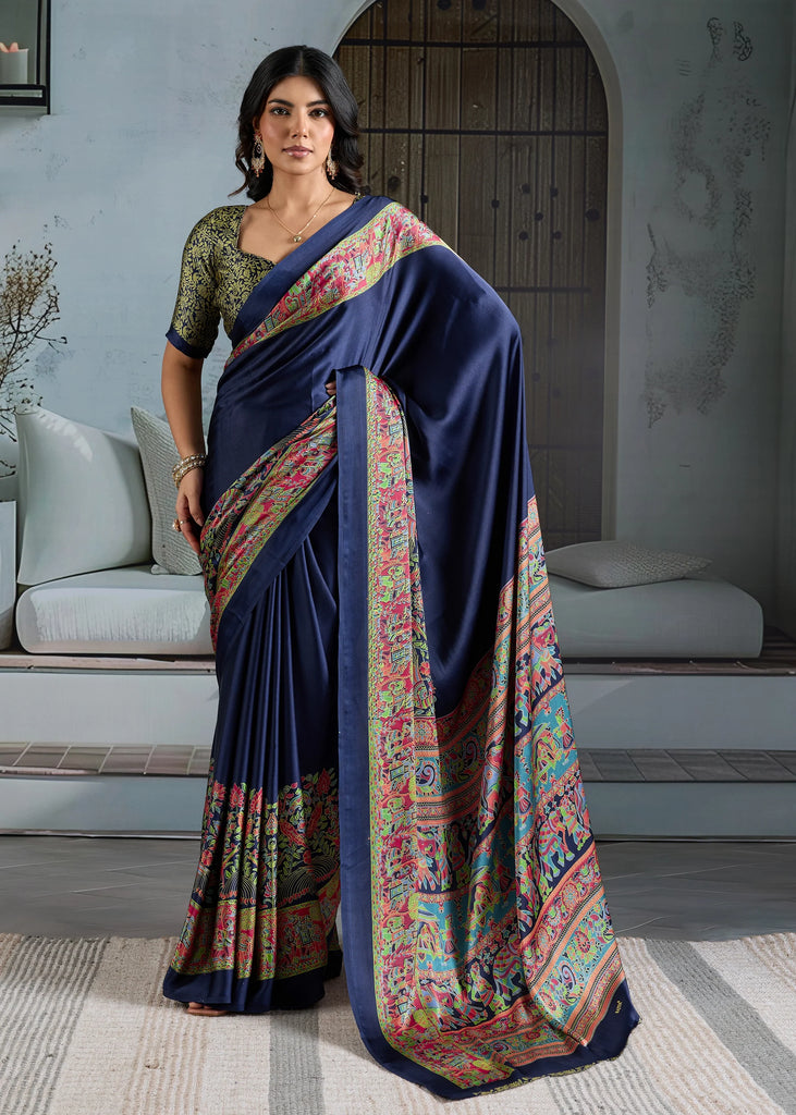 Patriot Blue Printed Satin Silk Saree