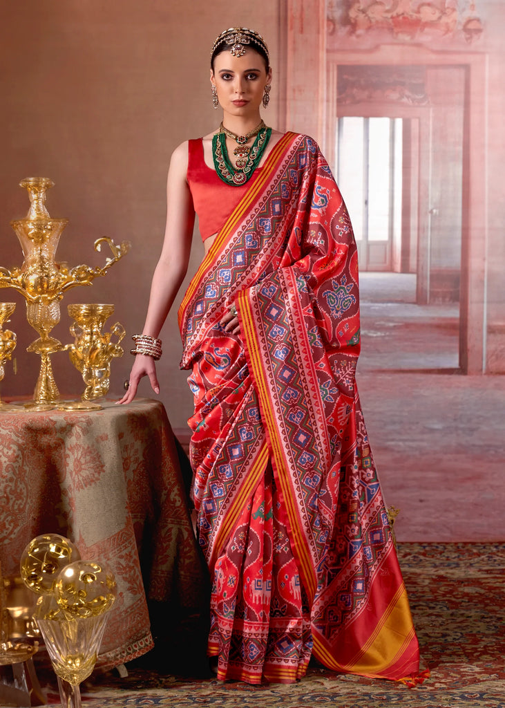 Bright Orange Printed Patola Silk Saree