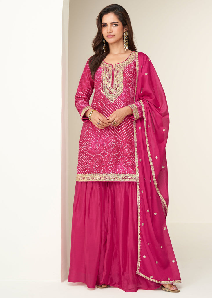 Queen Pink Bandhej Print Embroidered Sharara Set