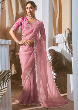 Pre Order: Rose Pink Designer Silk Saree