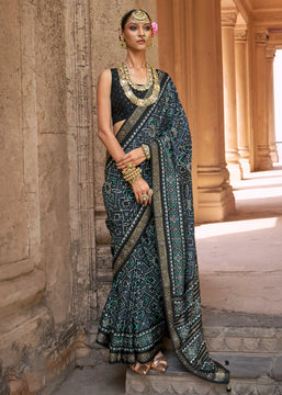 Steel Blue Printed Patola Saree