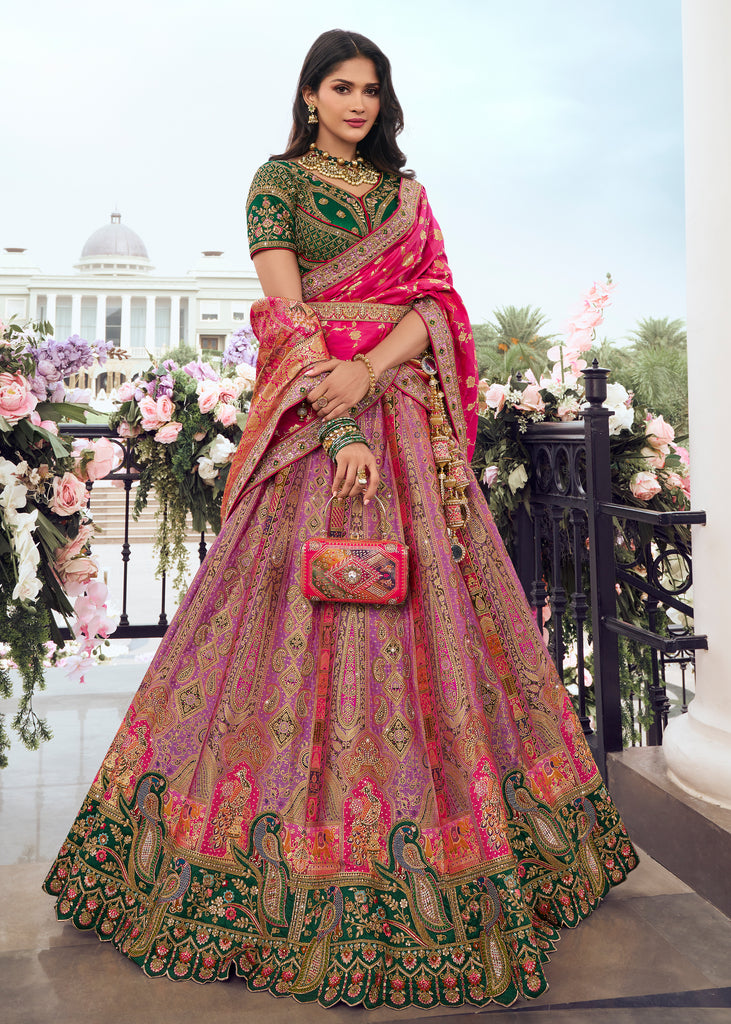 Pink And Green Heavy Banarasi Bridal Lehenga