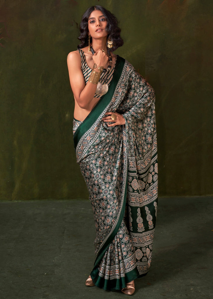 Mallard Green Printed Satin Crepe Silk Saree