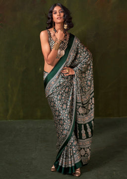 Mallard Green Printed Satin Crepe Silk Saree