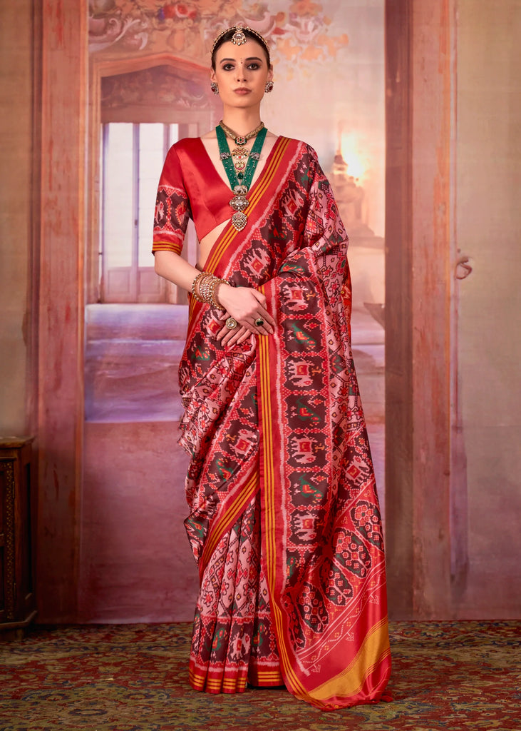 Pink And Red Printed Patola Silk Saree