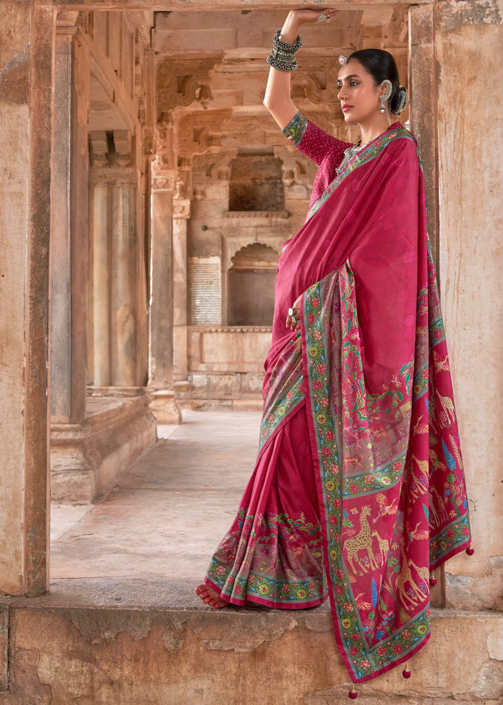 Hot Pink Printed Silk Saree