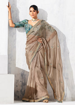 Taupe Grey Embroidered Designer Silk Saree