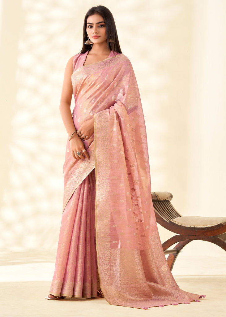 Mellow Pink Woven Linen Tissue Silk Saree