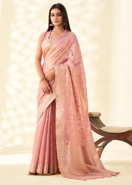 Mellow Pink Woven Linen Tissue Silk Saree
