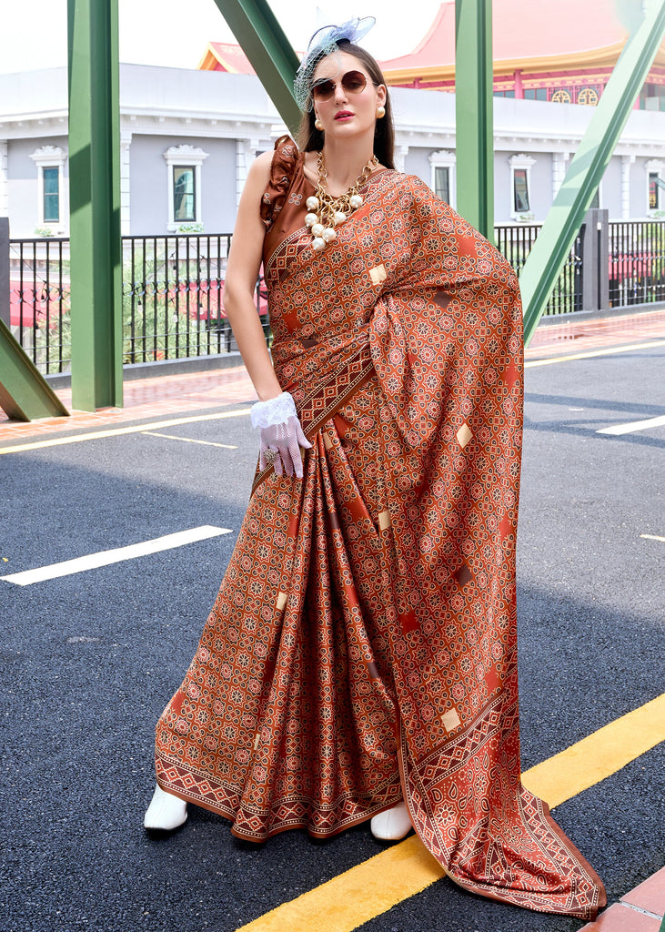 Caramel Brown Satin Crepe Digital Printed Saga Saree With Contrast Blouse
