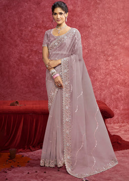 Dusty Mauve Embroidered Designer Saree