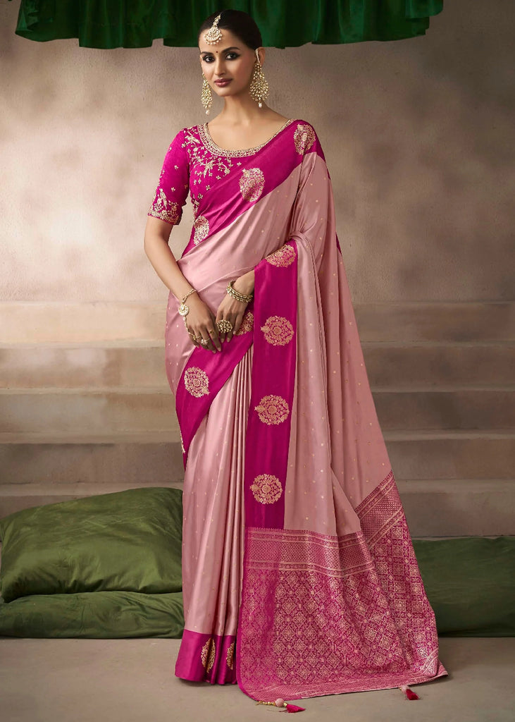 “Exclusive Offer” : Sweet Pink Woven Banarasi Satin Silk Saree