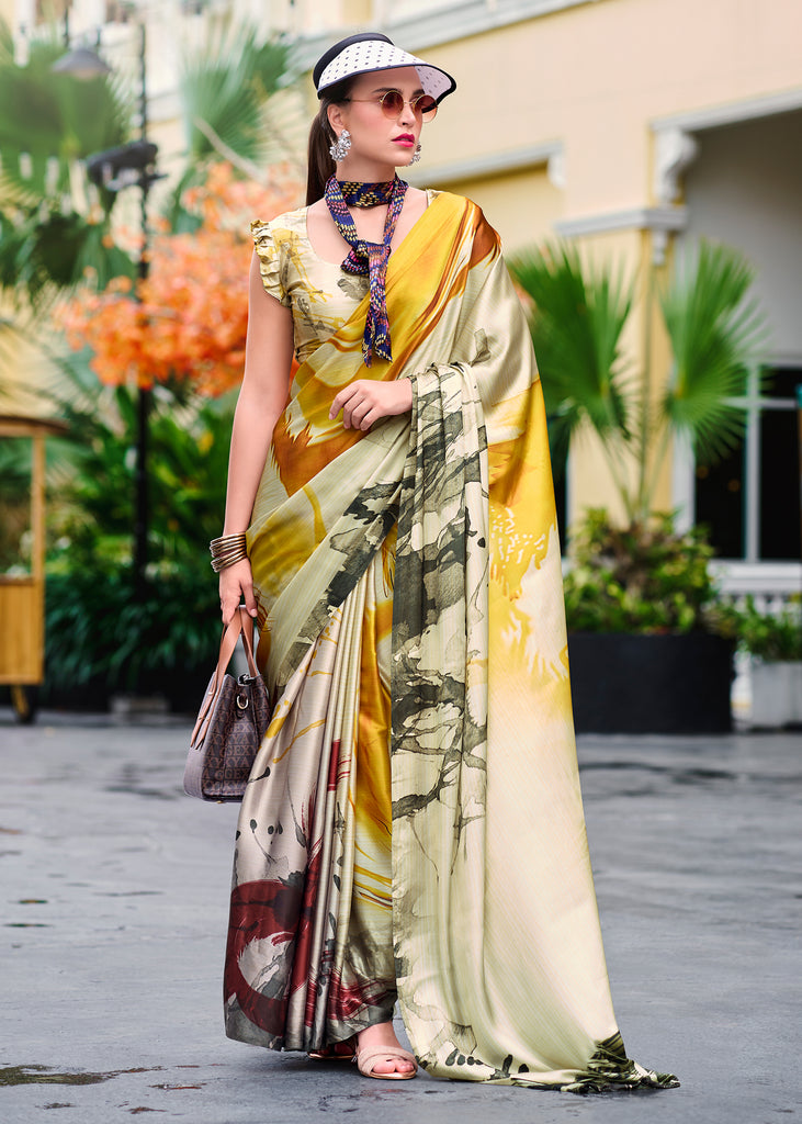 Pista Green Satin Crepe Printed Silk Saree