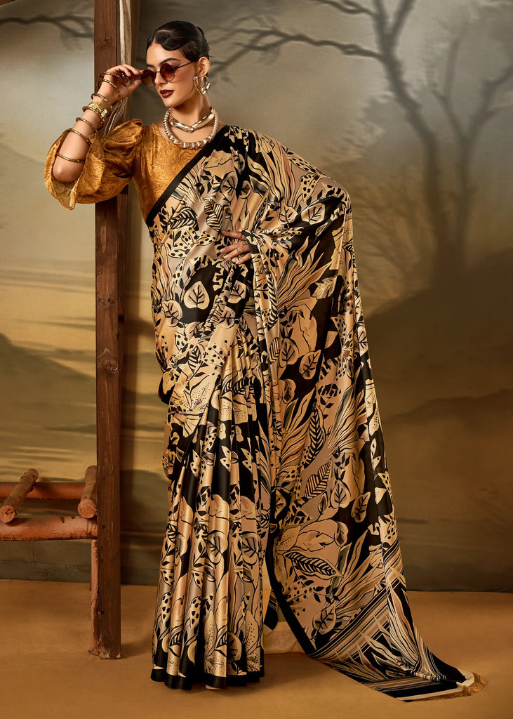 Cream And Black Printed Satin Silk Saree