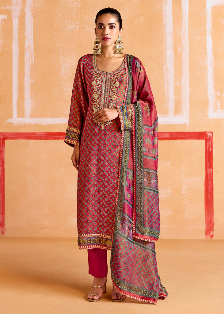 Faded Red Embroidered Suit Set With Digital Print