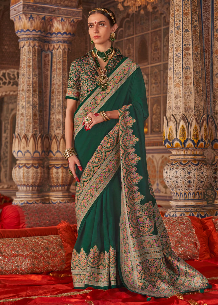 Bottel Green Printed Kashmiri Jamewar Saree