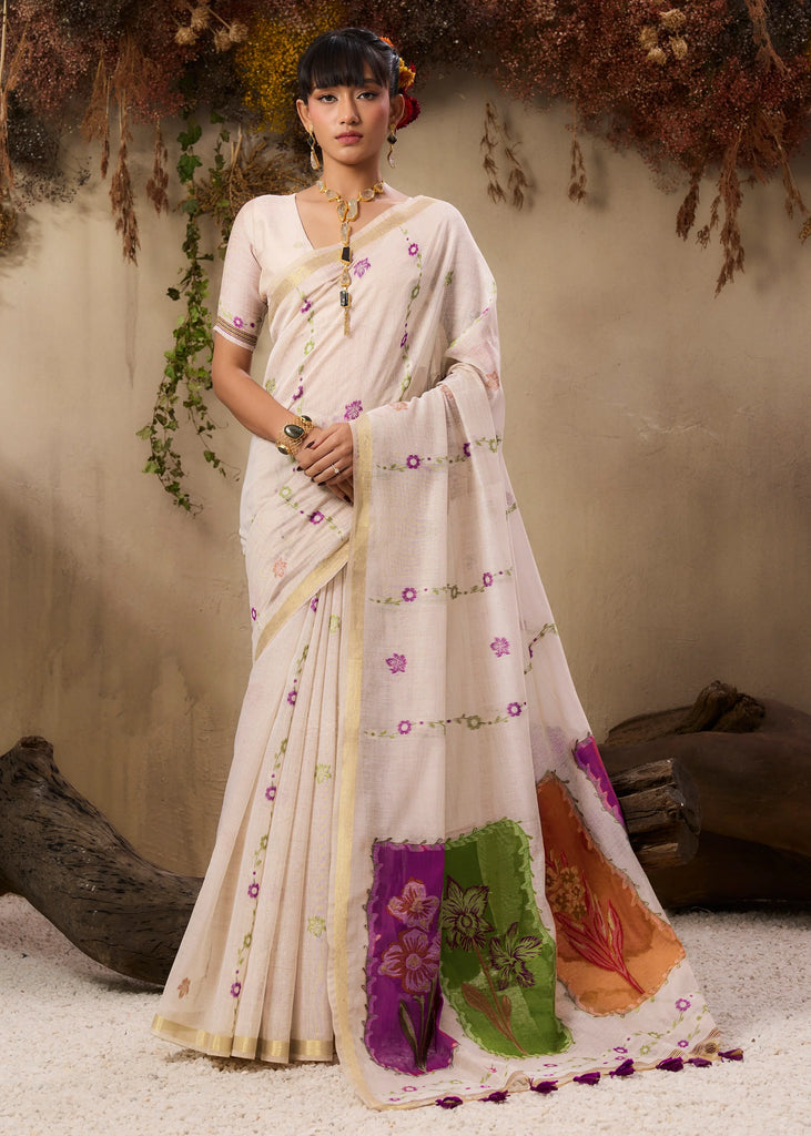 Pearl White Woven Cotton Silk Saree