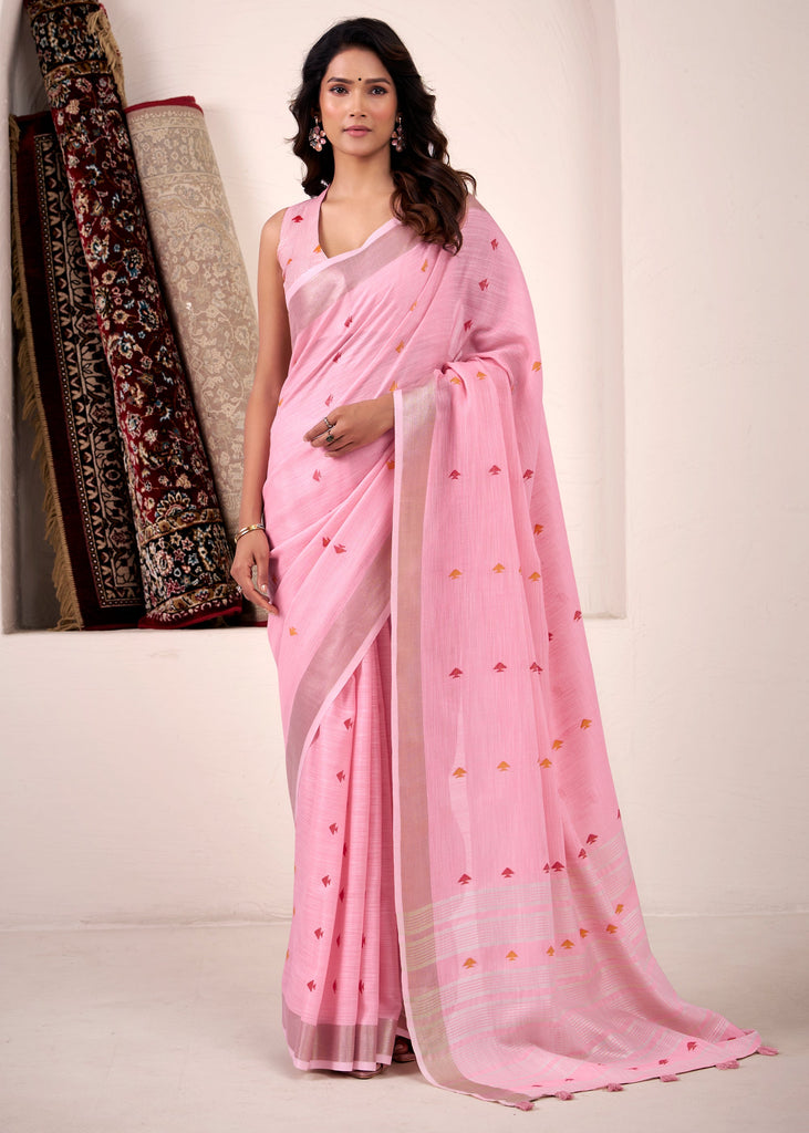 Lilac Pink Woven Linen Silk Saree