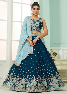 Teal Blue Georgette Embroidered Sequins Lehenga Set