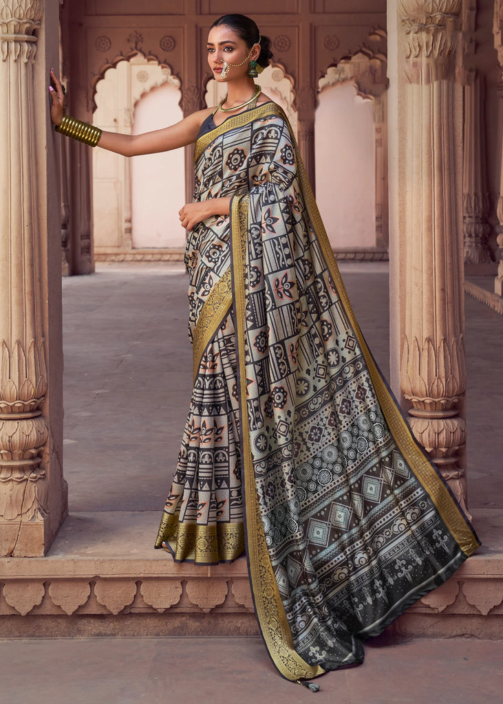 Drizzle Grey Banarasi Digital Printed Silk Saree