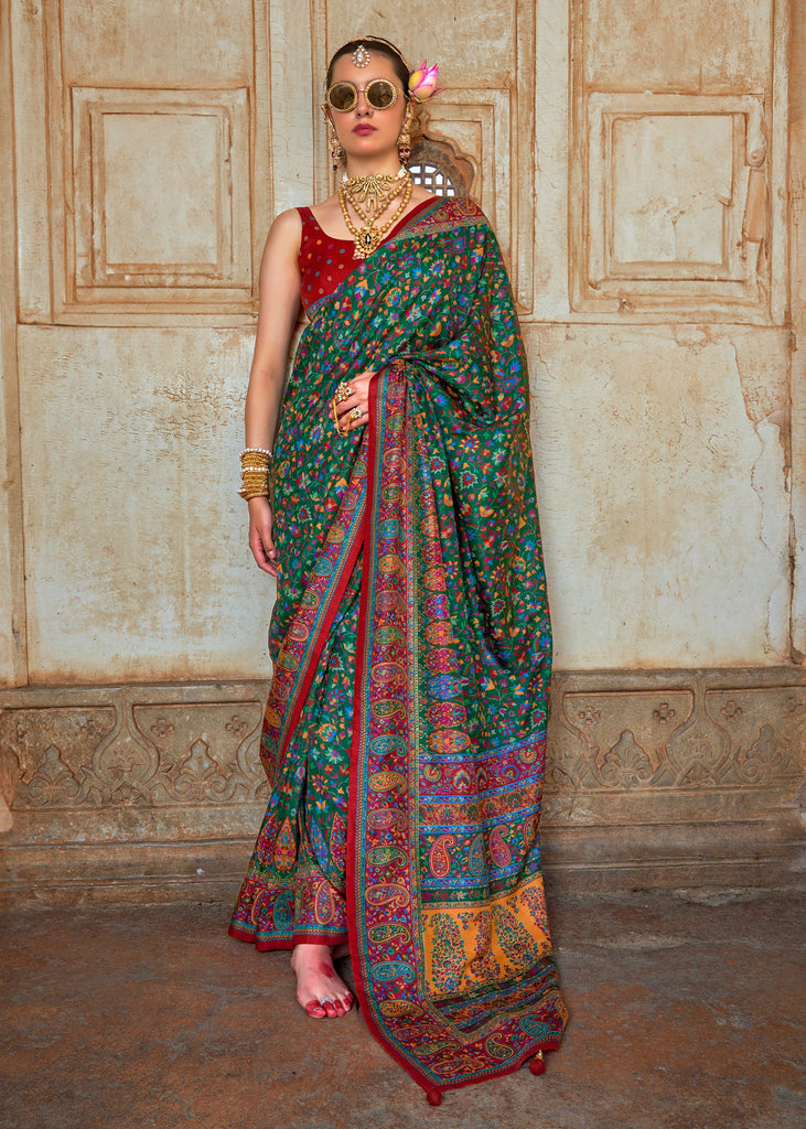 Hunter Green Printed Kashmiri Jamewar Saree