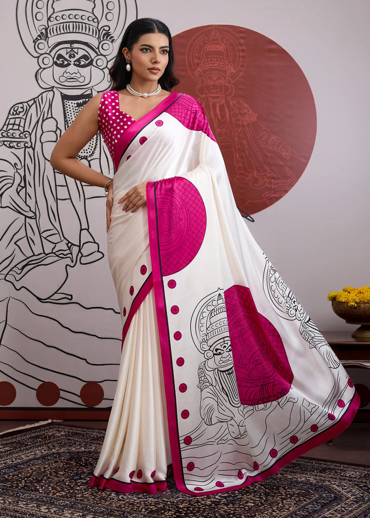 Hot Pink Printed Satin Silk Saree