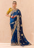 Medieval Blue Heavy Embroidered Designer Silk Saree