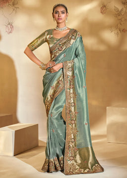 Pista Green Designer Embroidered Silk Saree