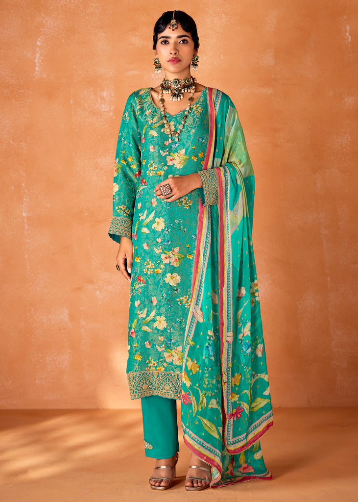 Festive Green Embroidered Suit Set With Floral Print