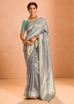 Silver Grey Woven Banarasi Designer Tissue Silk Saree With Embroidered Blouse