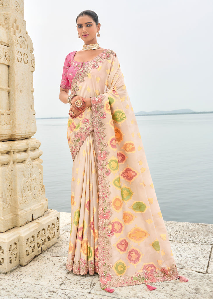 Off White Woven Banarasi Designer Silk Saree With Embroidered Blouse