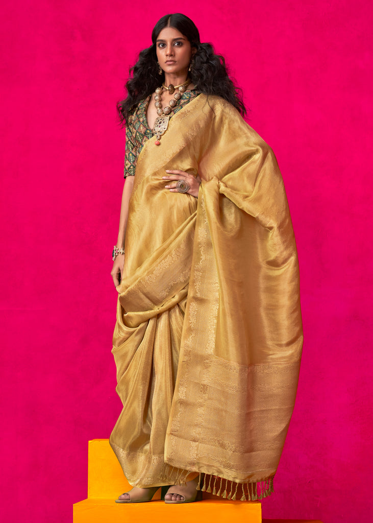 Royal Golden Woven Banarasi Tissue Silk Saree With Contrast Blouse