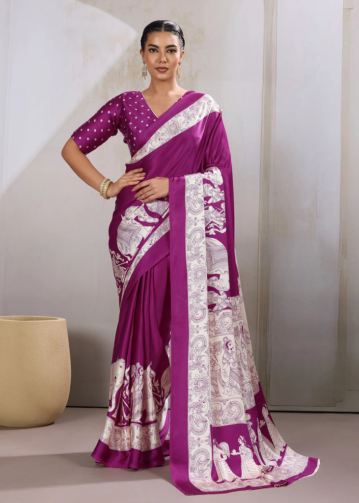 Dahlia Purple Printed Satin Silk Saree